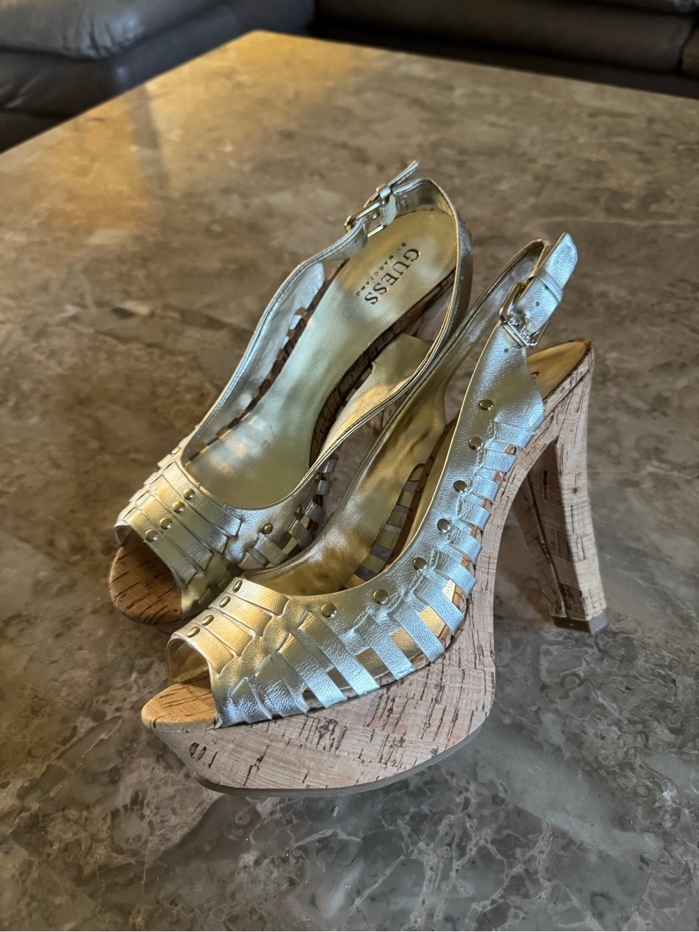 Vintage Guess Metallic Gold Woven Peep-Toe Cork Platform Heels